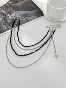 Elegante Silber & Schwarz Schulterkette, mehrschichtiges Kettenendesign mit Brosche Verschluss, einzigartiges Hochzeitsoutfit Accessoire - Verschiedenfarbig - Übersicht 7