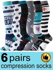 6 Pairs Women's Compression Sports Socks, Cute Heart Pattern Breathable Knee-High Socks, Women's Sports Compression Socks - Multicolor - View 3