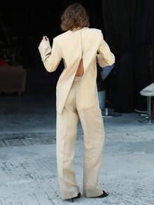 2pcs Women's Business Casual Long Sleeve Open Back Blazer Jacket + Straight Leg Pants Suit Set, Business Commute, Street Style, Airport Fashion, New Solid Color Pocket Business Casual Suit Set, Office Wear Spring/Summer - Apricot - View 2