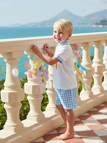 Conjunto de 2 piezas de Pascua para niños, verano, manga corta, cuello vuelto, zanahoria, bordado, top y pantalones cortos a cuadros - Azul - Ver 5