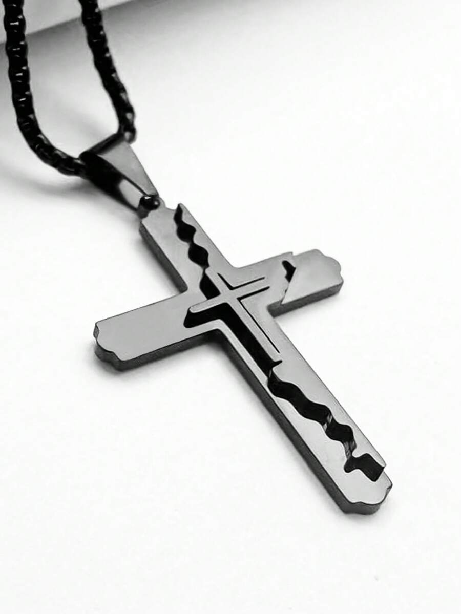 Women's Double-Layer Welded Cross Pendant Necklace, 18K Gold Plated Stainless Steel, Jewelry Gift For Easter, Valentine's Day - Pendant Necklace - View 1