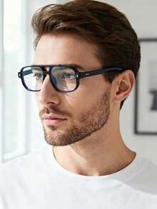 1pc Men's Double Bridge Oval Frame Minimalist Stylish Fashion Non-Prescription Glasses (Suitable For Watching TV, Using Mobile Phones, Office Work And Other Daily Use) - gương trơn khung đen - Xem 5