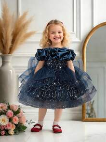 Baby Girls Sequin Mesh Cute Birthday Princess Dress, Suitable For Party, Celebration, Outing, Does Not Include Headband - Navy Blue - View 5