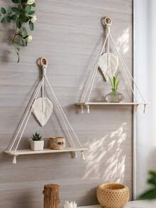 1/2 chiếc kệ treo tường đan thủ công - Kệ gỗ treo tường phong cách Bohemian, trang trí bằng hạt gỗ, kệ để cây treo mộc mạc, thích hợp cho phòng ngủ, phòng khách, ký túc xá, phòng trẻ em. - Màu be - Xem 12