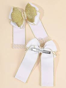 2pcs Delicate White & Gold Ribbed Hair Bows For Girls - Glitter Gold Bow & Pearl Trim Hair Clips ,Alligator Clips ,Kids Teens Hair Barrettes , Luxe Gentle Daily Hair Accessories - Multicolor - View 4