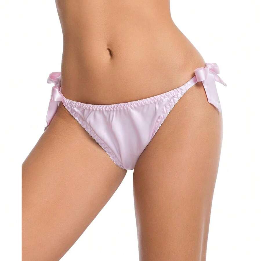 Women Silk Panties Lightweight Briefs Smooth Breathable Satin Bikini,Sexyys Tie-Side Underwear Daily Fit Comfort,Pink - 粉紅色的 - 查看 1