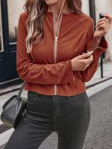 女士灯芯绒长袖圆领短款拉链飞行员夹克，袖口带拉链 - 棕色 - 查看 4