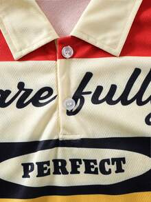 青少年/男士休闲复古美式学院风字母印花撞色短袖Polo衫，适合春夏休闲及户外活动