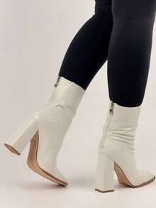 Weiße Rautenmuster Plateau Stiefel mit Absatz für Damen, Retro Quadratische Zehenkappe Hochabsatz Stiefel, modische schlanke elegante Lederstiefel, Herbst/Winter - Weiss - Übersicht 6