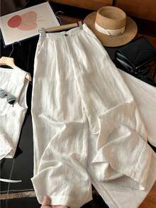 女士休闲舒适亚麻混纺V领宽松不对称设计无袖西装外套和裤子套装 - 米色 - 查看 5