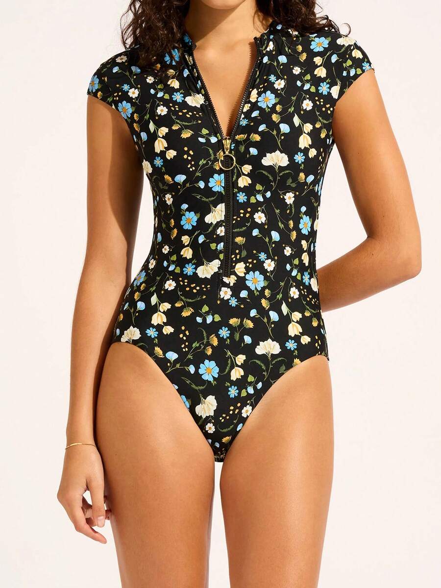 Trajes de baño de una pieza de manga corta para mujeres 2026 con protección solar, con cremallera, cuello alto y cobertura completa - Negro - Ver 1