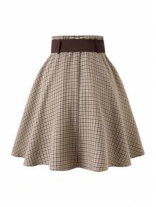 EARO Women's High Waist Skirt With Belt, Classic Houndstooth Pattern, Non-Stretch Fabric, Perfect For Everyday Wear - Apricot Coffee - View 2