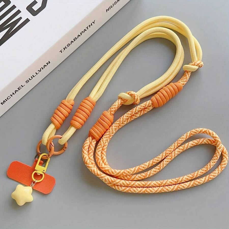 1pc Two-Tone Long Crossbody Phone Lanyard With Pendant, Adjustable Anti-Theft Colorful Spliced Handwoven Nylon Universal Strap Neck |   Wrist |   Carry Handle; Durable And Shoulder Bag/Camera Bottle Holder Rope Suitable Outdoor - Yellow + Star Pendant - View 1