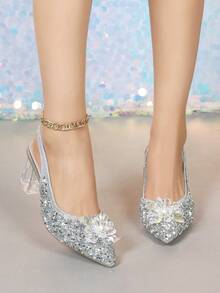 Women's High Heel Sandals, Elastic Ankle Strap, Fashionable Floral Decor, Random Solid Color Print, Elegant Party & Nightclub Style, Fabric Applique, Rhinestone Embellishment, Suitable For Beach, Vacation, Wedding, Party, Office, Indoor & Outdoor, Spring & Summer - Silver - View 2