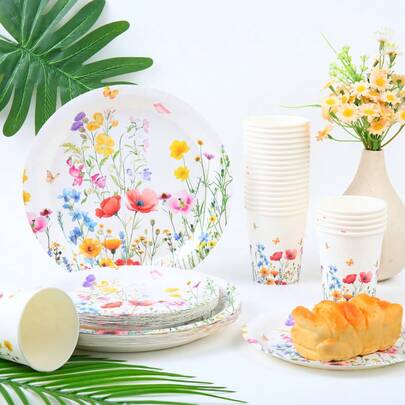 花卉图案一次性餐具套装，7/9英寸派对餐盘，一次性纸盘和纸杯，适用于节日、婚礼、订婚、生日、派对、庆祝活动