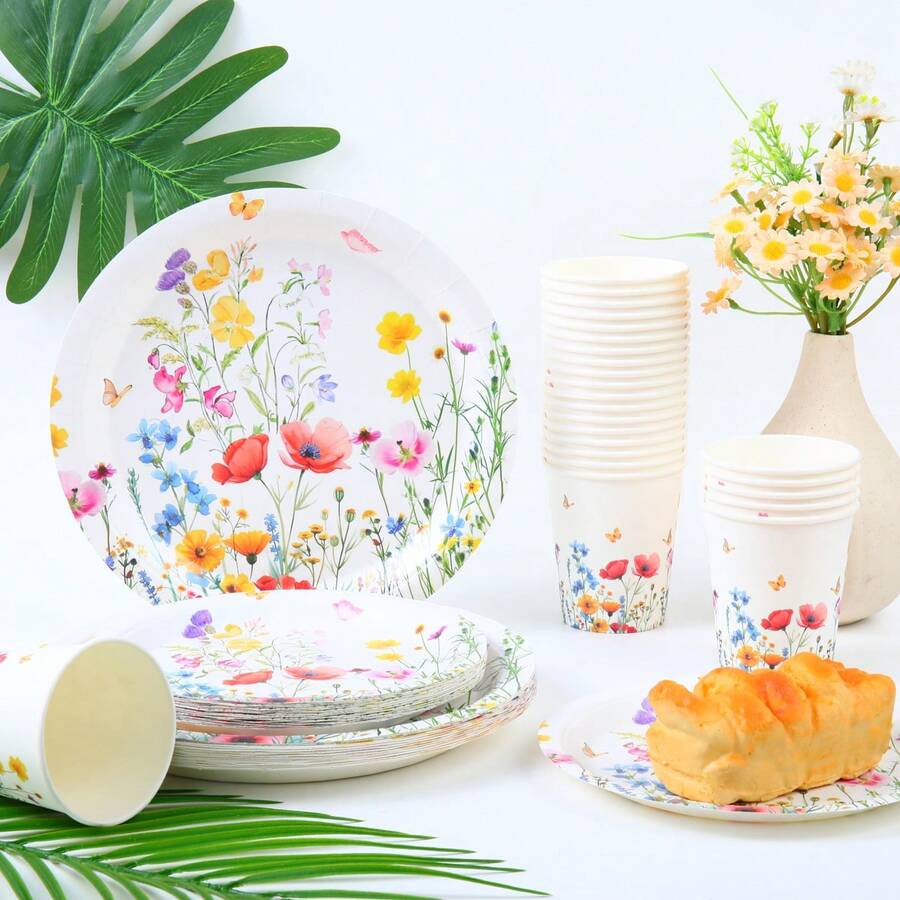 Blumenmuster Einweg-Geschirr Set, 18/23 cm Party Teller, Einweg Pappteller und Becher geeignet für Feiertage, Hochzeiten, Verlobungen, Geburtstage, Partys, Feierlichkeiten - Verschiedenfarbig - Übersicht 1
