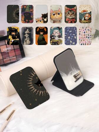 1pc Cat Themed Portable Vanity Mirror, Foldable Lightweight Ultra-Thin Handheld Mirror, Durable PU Leather, Suitable For Multiple Occasions And All Users, Compact Folding Mirror For On-The-Go