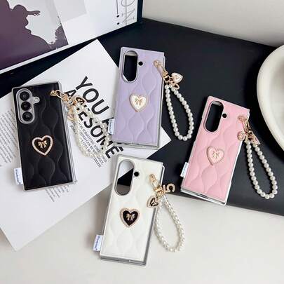 1pc Premium Foldable Phone Case With Lanyard, Smartphone Protective Cover, Puffer Jacket Style, Heart Bracelet, Foldable Phone Case, Convenient Carrying, Solid Color, Minimalist, Fashionable, Elegant, Commute, Foldable Case Compatible With Samsung Galaxy Z Fold 7, Galaxy Z Fold 6, Galaxy Z Fold 5, Galaxy Z Fold 4, Compatible With Samsung Galaxy /6/5/7FE