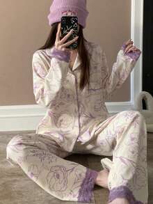 2件套紫色蕾丝拼接女士睡衣，时尚印花长袖家居服 - 紫色 - 查看 2