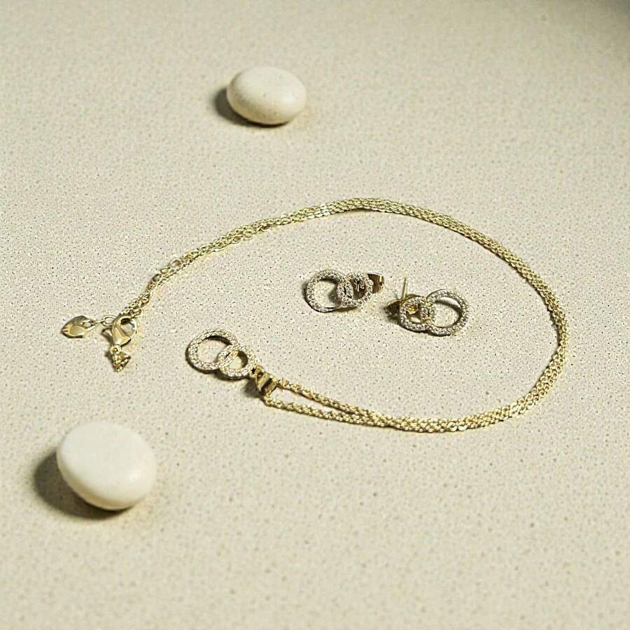 Juego de joyería de 2 piezas en tono dorado: Collar con dije de círculos entrelazados y aretes a juego, set de diseño contemporáneo y brillante para mujer, joyería de moda elegante para cualquier ocasión. - Dorado - Ver 1