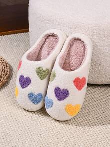 The Newly Launched Autumn And Winter Holiday Season Features Cute Gingerbread Men, Thickened Plush Anti-Slip And Warm Indoor And Outdoor Bedroom Family Slippers With Heart-Shaped Patterns For Christmas And Valentine's Day, As Well As Large-Sized Festive Gift Atmosphere Warm Slippers Suitable For Both Men And Women - 白色(彩色愛心) - 查看 3
