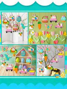 12件套复古木质复活节及春季装饰品 - 小鸡和小矮人造型，空心悬挂饰品，适用于复活节彩蛋、教室和家居装饰 - 春季节日悬挂装饰品 - 彩色 - 查看 6