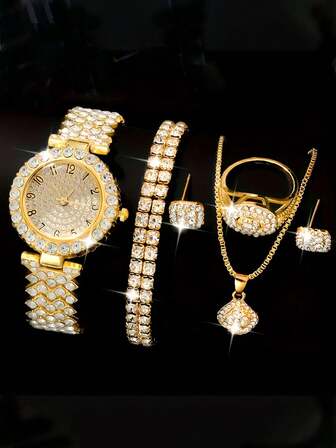 Set de 6 relojes elegantes decorados con cristales, relojes de pulsera de acero inoxidable de moda minimalista de lujo con cristales de cuarzo