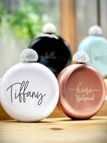 5oz Custom Stainless Steel Mini Hip Flask, Bridesmaid Gift, Personalized Rhinestone Lid Flask, Round Bridesmaid Flask, Customizable Engraved Bridesmaid Invitation Gift - Multicolor - View 9