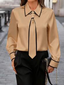 Women's Elegant Distinctive Contrast Trim Tie Collar Blouse Spring - Khaki - View 6