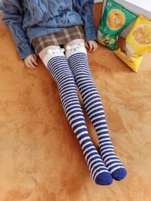 1 Pair Women's Cartoon Cute Thigh High Socks With Thermal Lining, Striped Over-The-Knee Socks