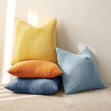 [Free Shipping]MIULEE Pack Of 4 Blue-Orange Corduroy Decorative Throw Pillow Covers 18x18 Inch Soft Boho Striped Pillow Covers Modern Farmhouse Home Decor For Summer Sofa Living Room Couch Bed - 藍橙色 18吋 x 18吋 4件裝 - 查看 5