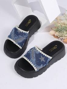 Women's Summer Denim Slippers, Fashion Strap Thick Bottom Slip-On Sandals - Blue - View 4