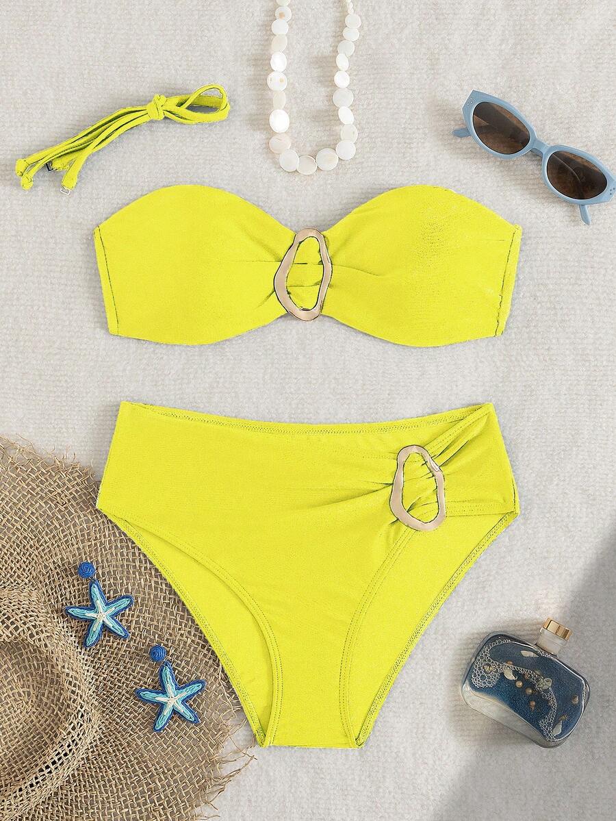 Miturn 女士纯色抹胸比基尼套装，饰有金属装饰，适合海岛度假、摄影和游泳 - 黃色 - 查看 1