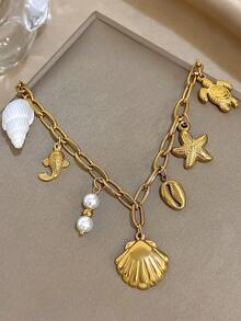Ocean-Themed Gold Necklace With Seashell, Starfish, And Turtle Pendants - Beach-Inspired Jewelry, Perfect For Everyday And Vacation Wear, Elevates Your Holiday Look, Valentine's Day Gift, Unisex - Multicolor - View 3
