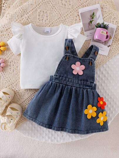 2件套女婴纯色休闲荷叶袖上衣和刺绣牛仔背带裙套装