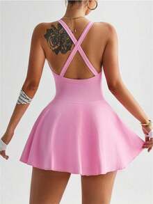 Women's Sports Dress Tennis Dress Workout Dress With Built In Bra And Shorts Sleeveless Racerback Sports Dress For Tennis Sleeveless - Hồng - Xem 4