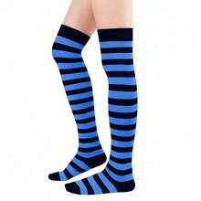 Zando Womens Thigh High Socks Striped High Knee Socks Knee High Socks For Cosplay Long Socks Over The Knee Leg Warmers,OneSize,Blue&FFBlackssstripes - 藍黑條紋 - 查看 3