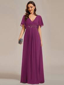 Elegant V-Neck Embroidered Ruffle Sleeve Pleated Chiffon Bridesmaid Dress, Formal Dress, Wedding Guest Dress Spring - Red Violet - View 6