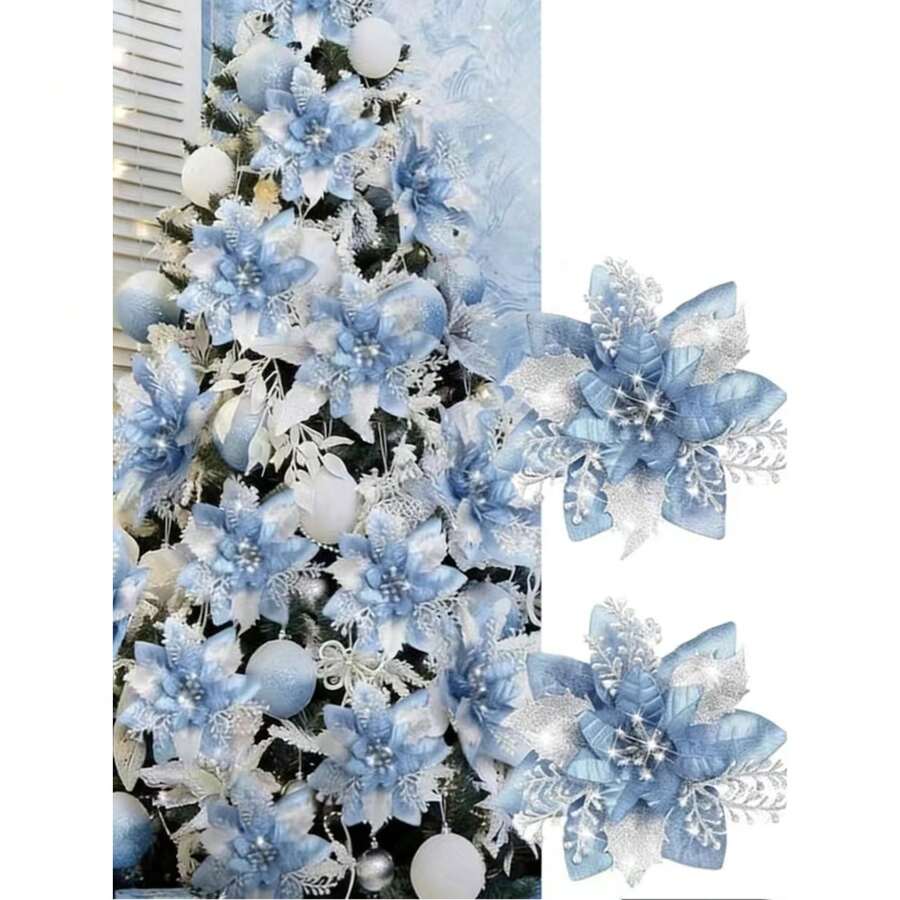 10 piezas de decoraciones navideñas reutilizables de plástico azul de 5.7 pulgadas con diseños de árbol de Navidad y flor de Pascua, sin plumas, adecuadas para la decoración general de vacaciones - Azul - Ver 1