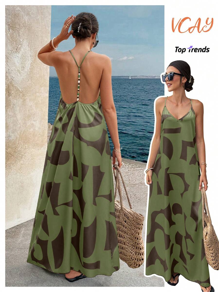 优雅无袖露背珍珠印花女士长裙，适合婚礼、派对、海滩、度假、情人节、毕业典礼等场合。 - 彩色 - 查看 1