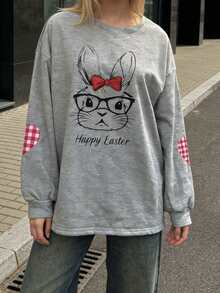 Oversized Graphic Sweatshirts For Women Easter Bunny Print Pullover Loose Fit Long Sleeve Tops For Spring Fall - Gris Oscuro - Ver 4