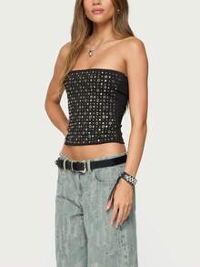 Women's Studded Tube Top - Cropped Strapless Blouse With Metal Eyelet Detail For Summer Street Style  Casual Outings - màu đen - Xem 2