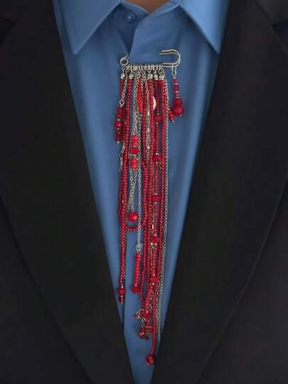 1pc Vintage Chain Tassel Brooch Pin, Black/Red Crystal Beads Tassel Brooch Safety Pin Tassel Jewelry, Can Be Used As Jacket, Shirt, Sweater, Scarf, Dress Accessory