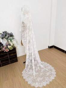 1pc Luxury Lace Fabric Long Bridal Wedding Veil, Chapel Veil For Wedding Photography, Photo Shoot Prop - White - View 7