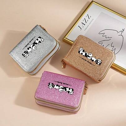 熊猫家族印花短款钱包，多卡位超薄简约卡包，清新简约PU亮面风琴皮卡包，简约手提卡包，零钱包拉链袋，便携时尚小钱包，适合日常出行或作为礼物