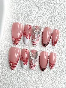 10pcs Romantic French Press-On Nail Stickers, Gel Manicure Set, Red & White Mixed Wave Accents, Hand-Painted 3D Red Cherry, 5-Petal Red Floral Print Nail Decor, Asymmetrical Red Circle Diamond Edge Design, 5-Petal White Sculptural Flower With Silver Glitter Butterfly Nail Accessories Nails Nail Supplies - 彩色 - 查看 15