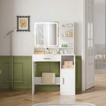 Hzuaneri Dressing Table With Mirror And LED Light, With 3 Shelves And 4 Open Compartments, Dressing Table With Large Drawers And Cabinets, 3-Way Adjustable Lighting, White - White - View 2