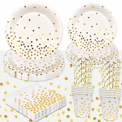 81pcs White And Gold Party Tableware,Foil Polka Dots Tableware Set - White And Gold Dot Cups Tablecloth Napkins Plates Etc Gold Dots Tableware For White And Gold Theme Party, Wedding, Birthday