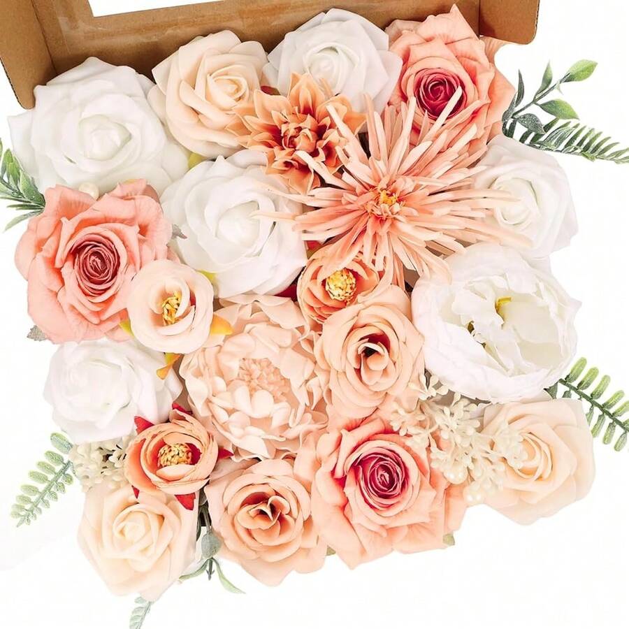 [Free Shipping]Artificial Flowers Combo Box Set Artificial Bouquets Wedding Flowers For Centerpieces Faux Flowers With Stems Peach Roses Artificial Flowers For Decor - 桃粉色 - 查看 1