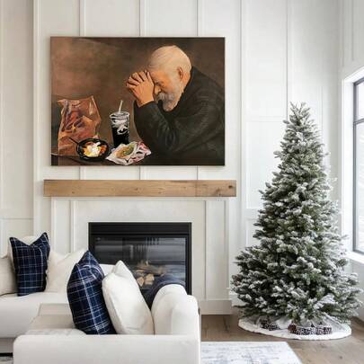 1pc Unframed Canvas Poster, Vintage Art, Daily Food Man Praying On Dining Table Art Poster Print, Ideal Gift For Bedroom Living Room Corridor, Wall Art, Wall Decor, Winter Decor, Room Decoration